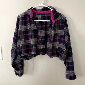 purple black gray collared cropped button down shirt long sleeves comfortable